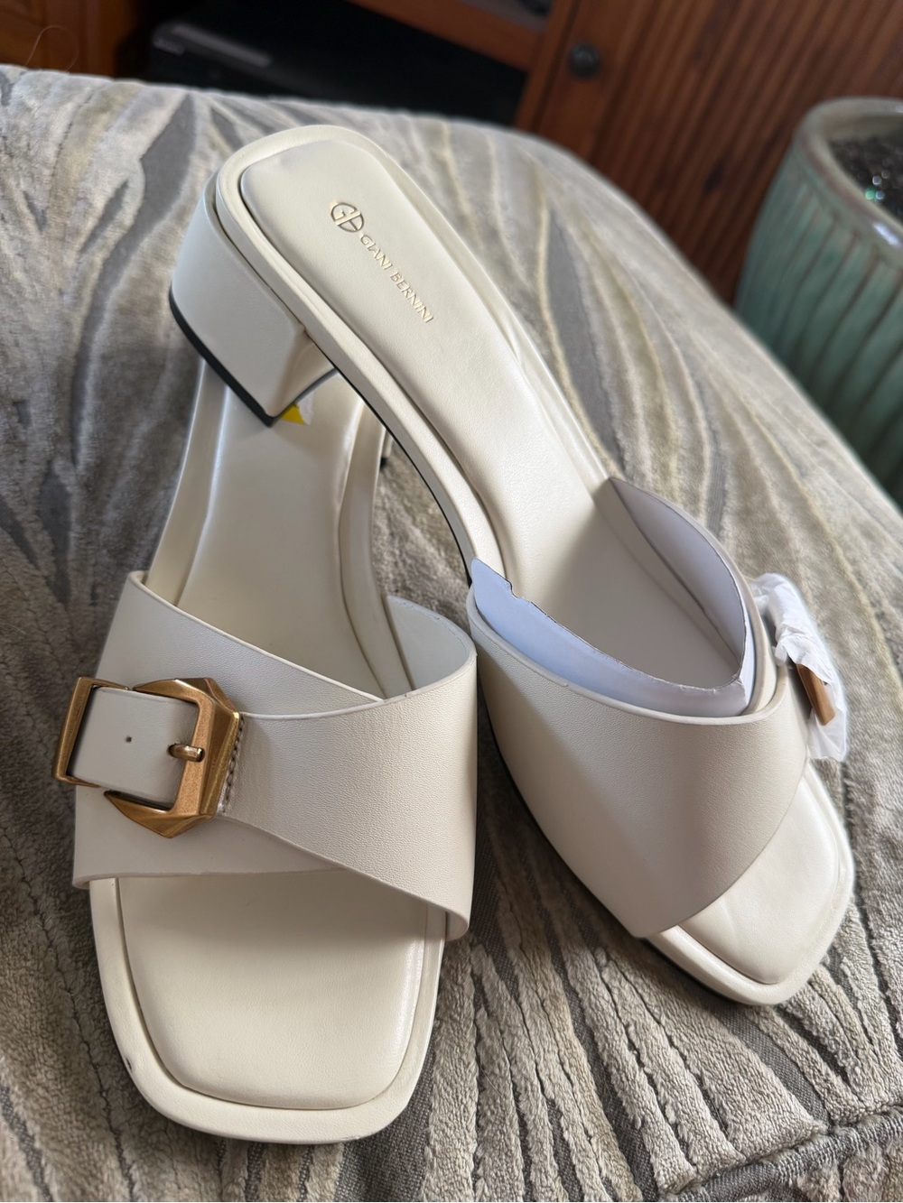 Giani Bernini Cream Slide Mules with Gold Buckle